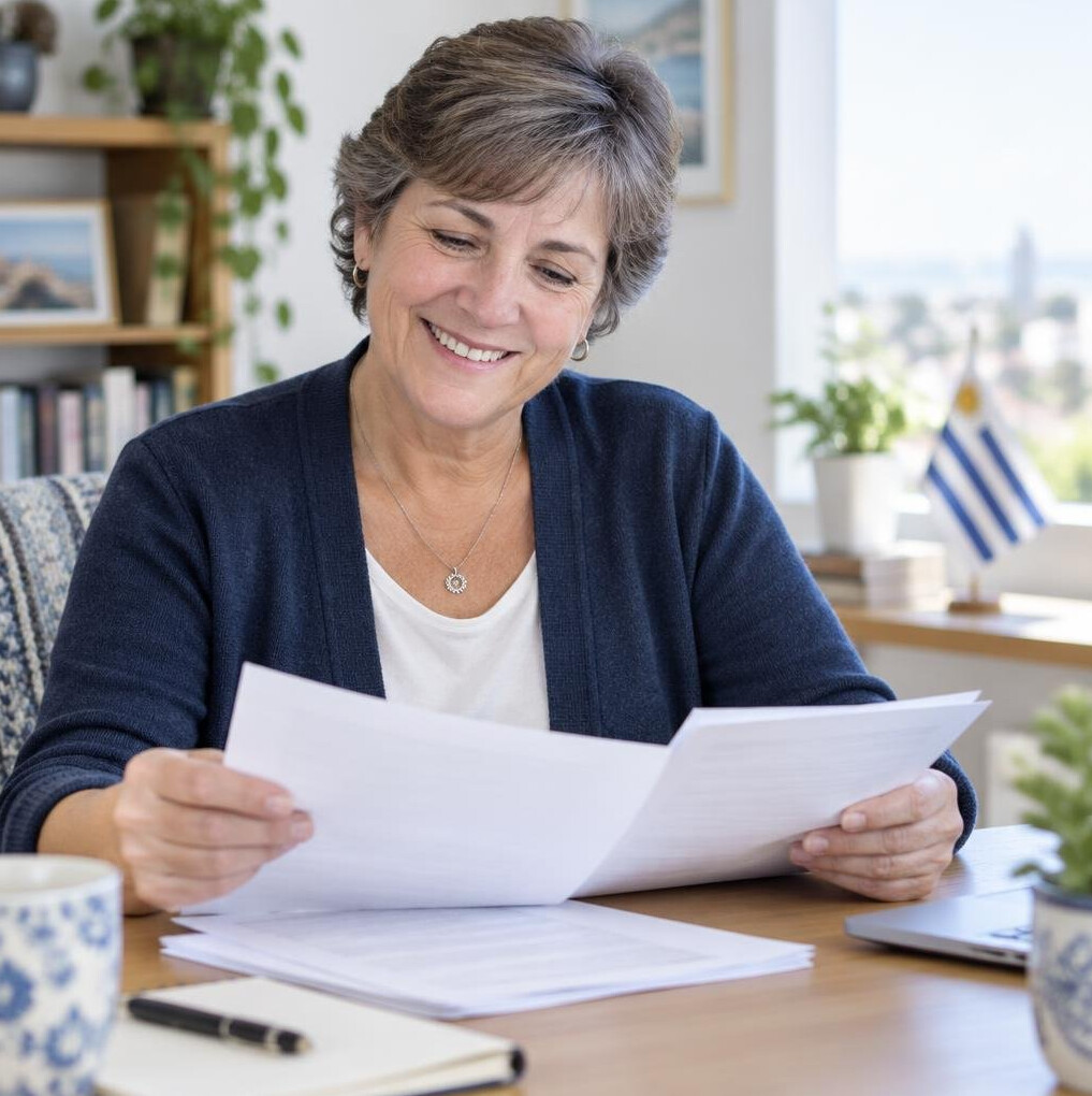 Smiling mature woman reviewing documents at a bright desk