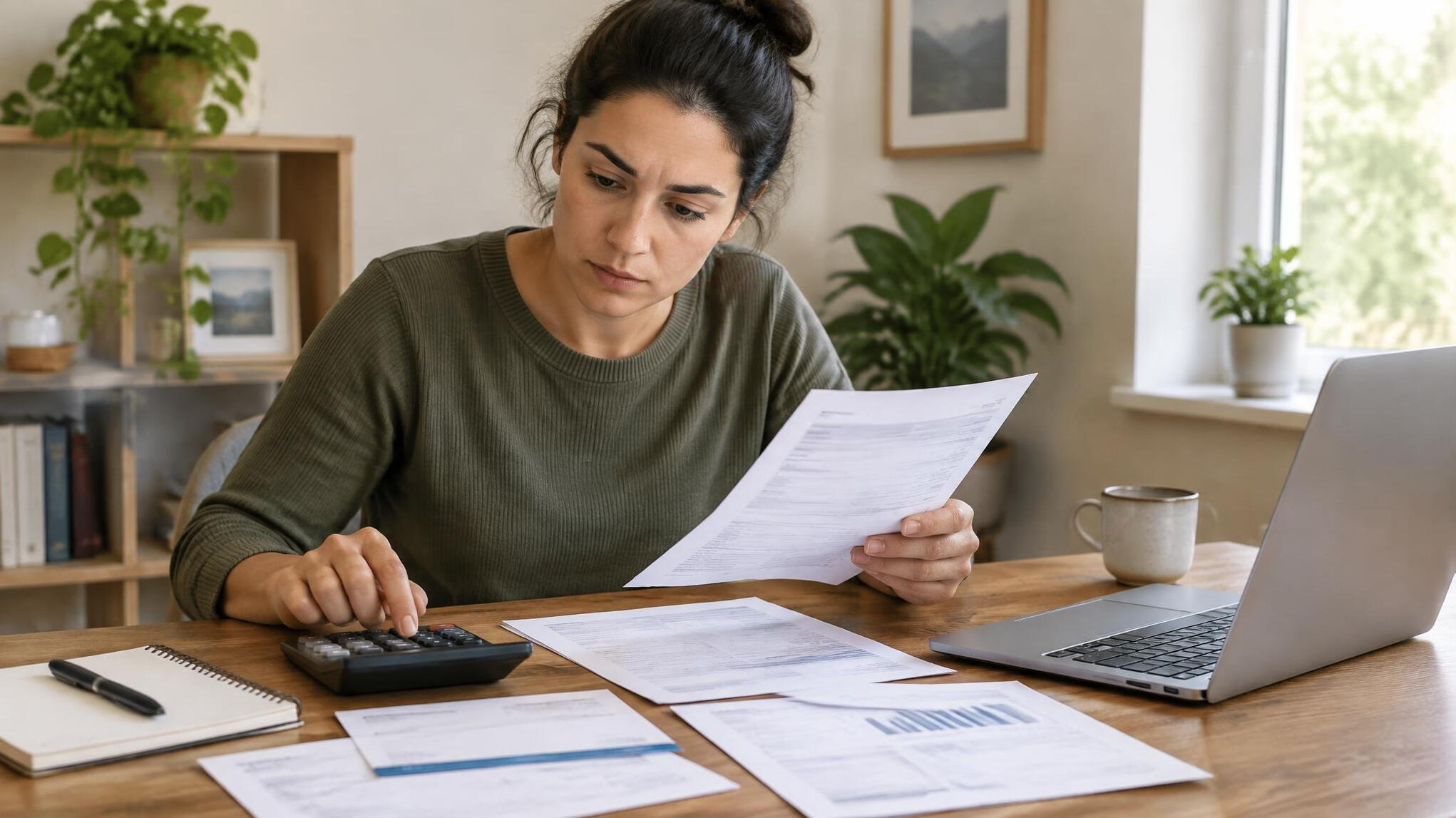 person reviewing bills at table